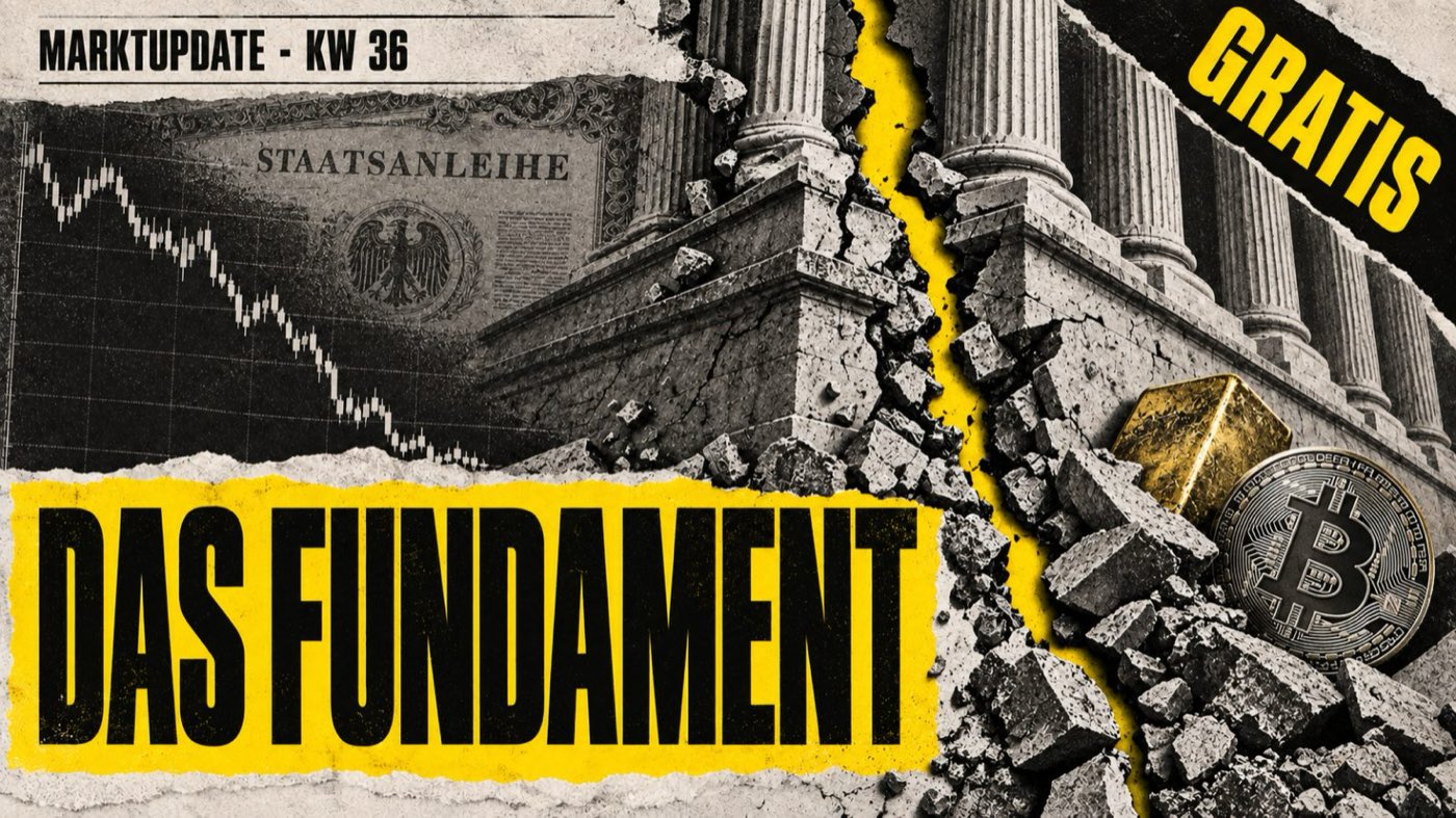 Gelbes Titelbild des Marktupdates Das Fundament, Kalenderwoche 36, gekennzeichnet als Gratis-Ausgabe
